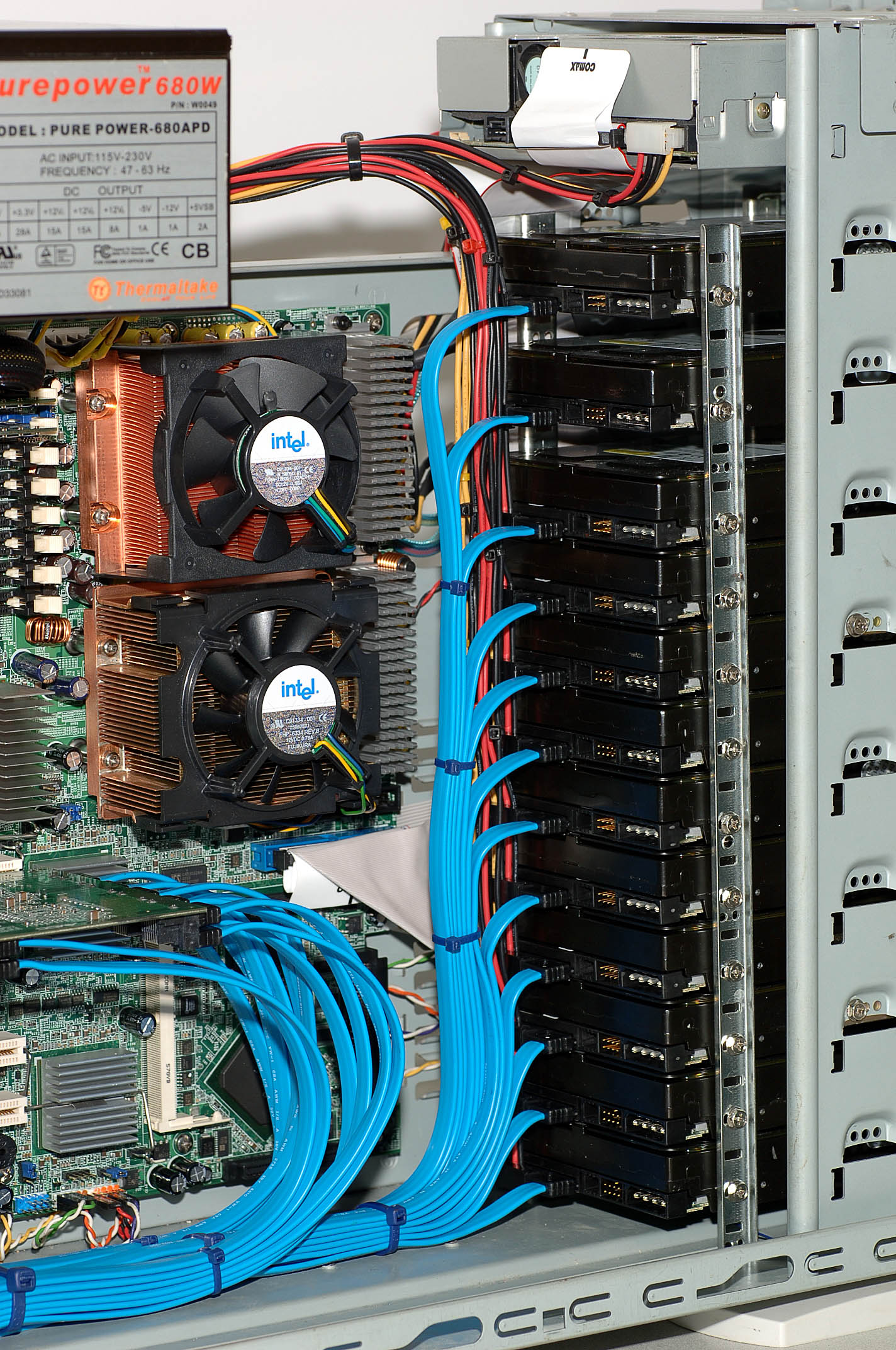 Detailed view of completed hard drive cabling